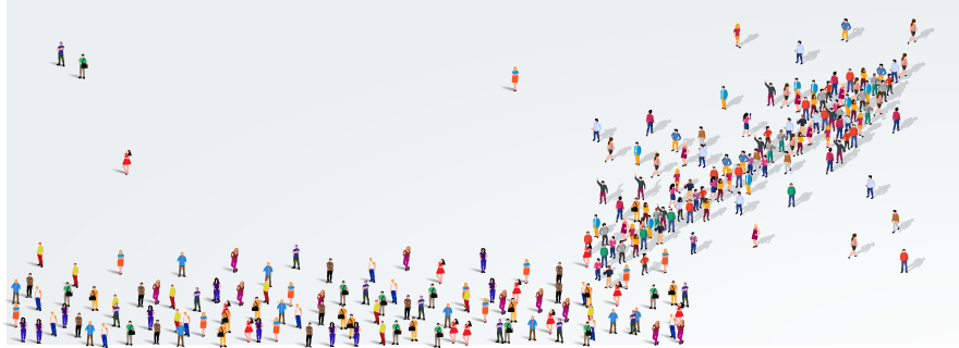 Crowd of small figures converging into a denser network