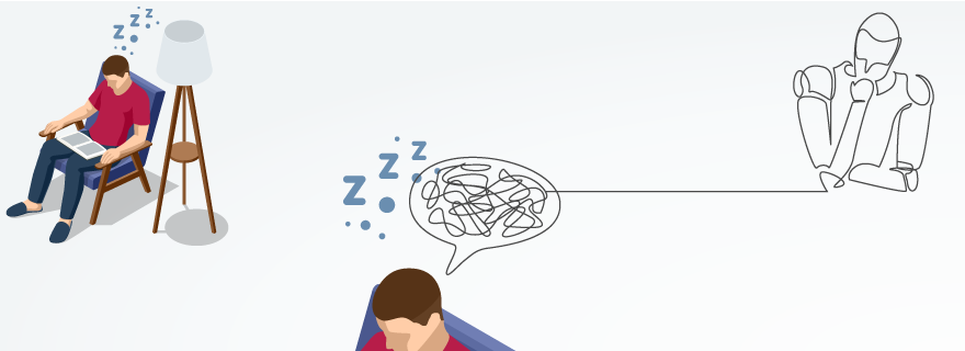 Illustration of people dozing over documents linked to a robot