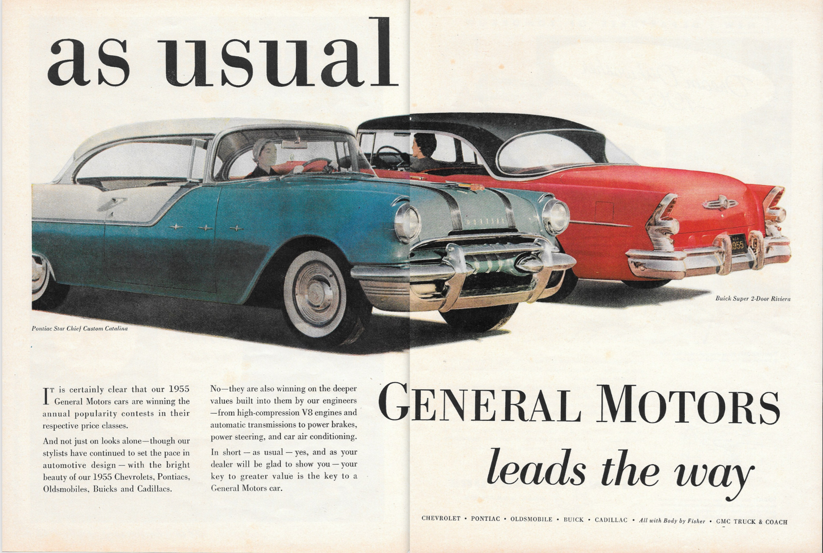 1955 General Motors advertisement showing two cars and the slogan As usual