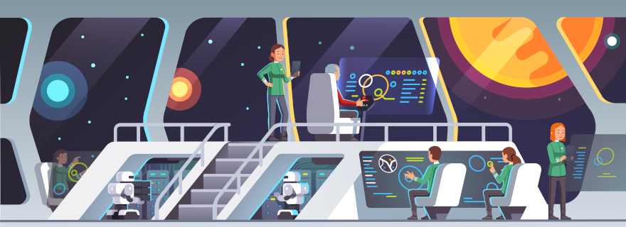 Team in a futuristic control room watching dashboards and robots