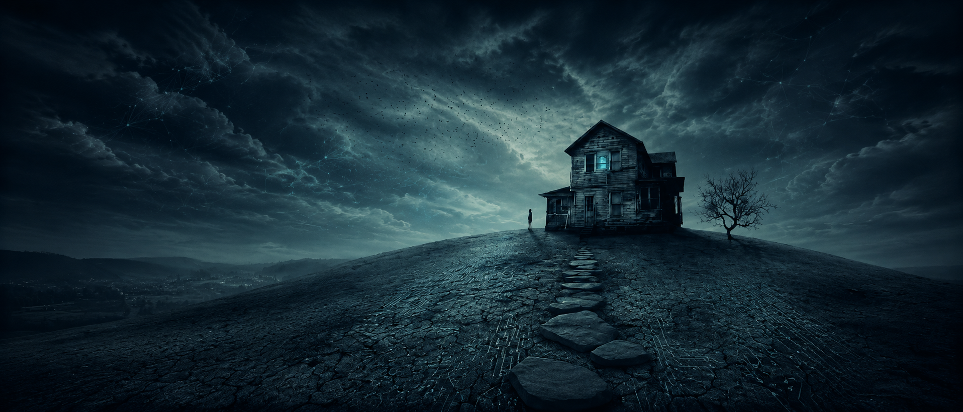 Derelict house on a hill under a stormy sky