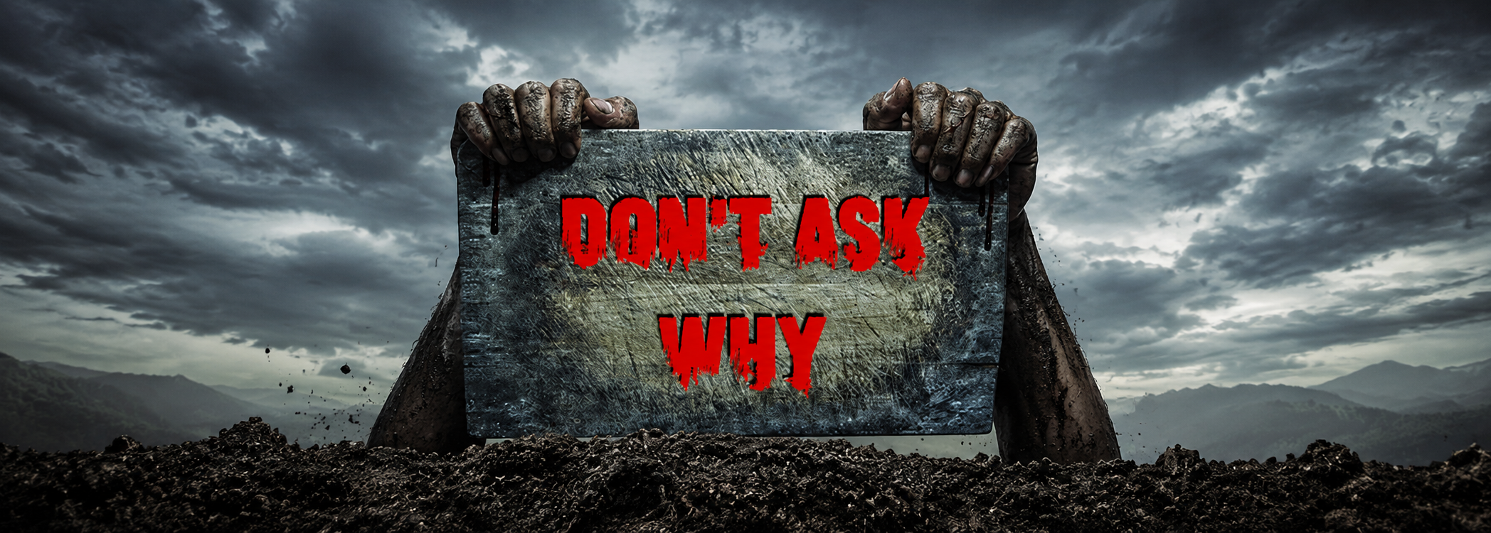 Hands rising from mud holding a sign that says Don't Ask Why